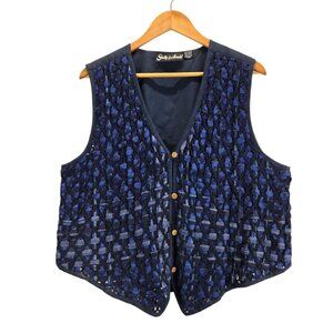 Vtg 90s Vest Woven Cotton Blue Sz L/XL Shelly & Arnold Cottage Boho Western